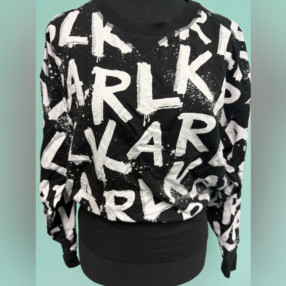 Karl Lagerfeld paris graffiti pullover ribbed round neck in black/white size xs - Picture 2 of 8